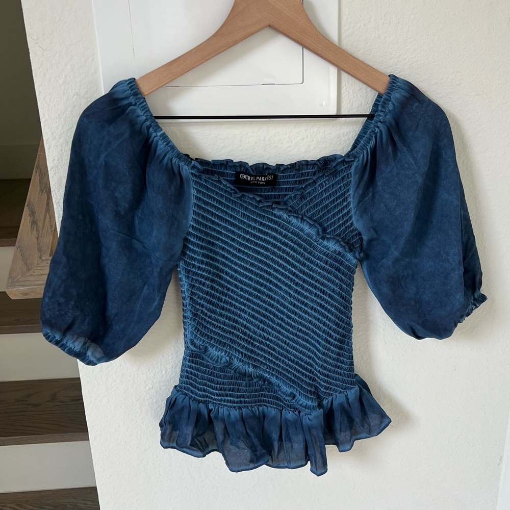 Central Park West Smocked Puff Sleeve Top in Faded Blue